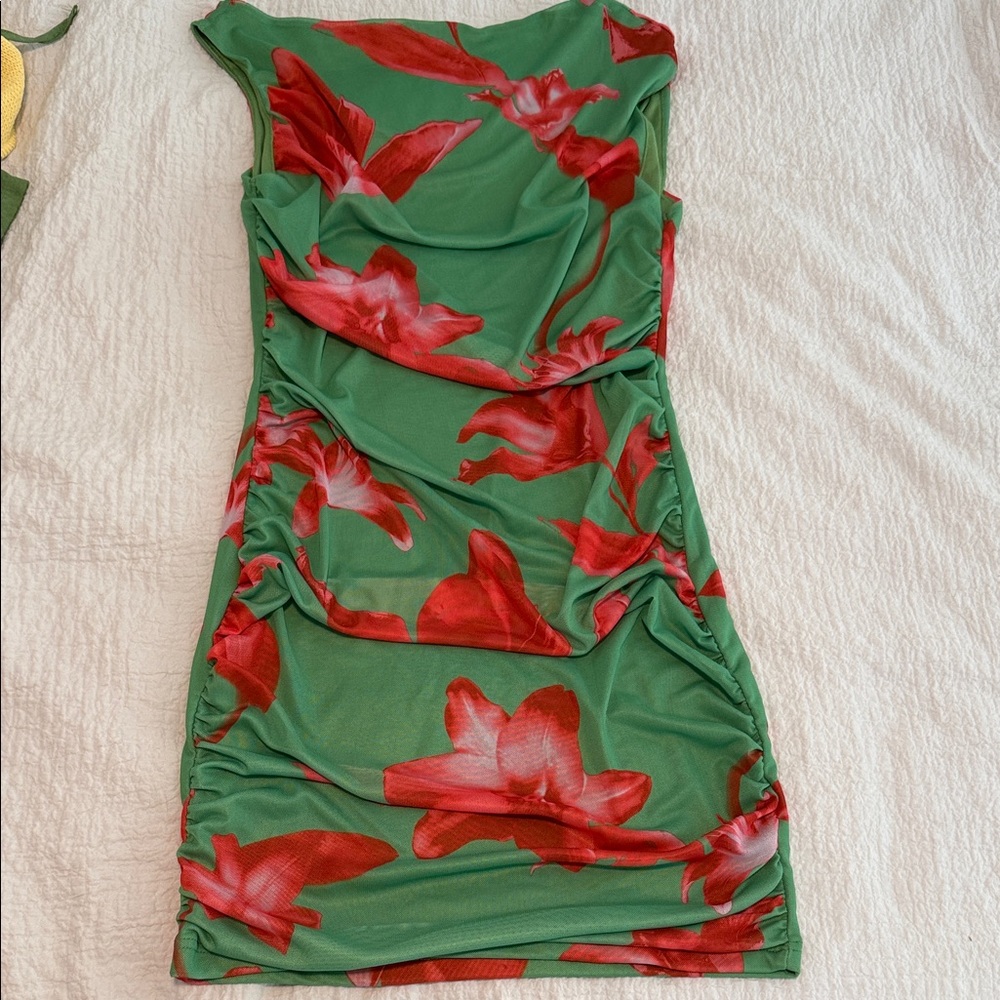 SHEIN Green Dress with Red Floral Design